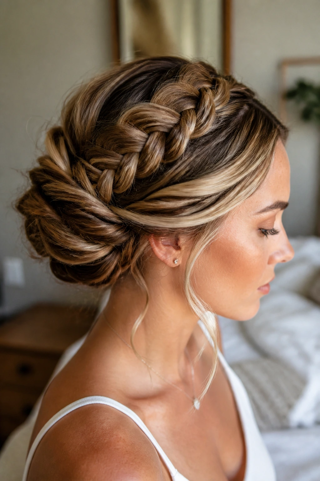 Close-up portrait of a real woman wearing a braid-and-twist updo, natural window light