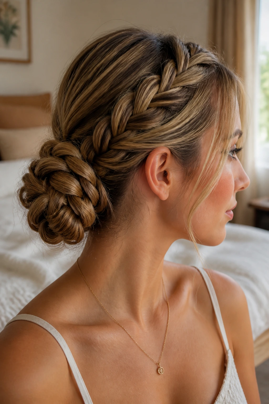 Close-up of a real woman with a braided bun at the nape under warm window light