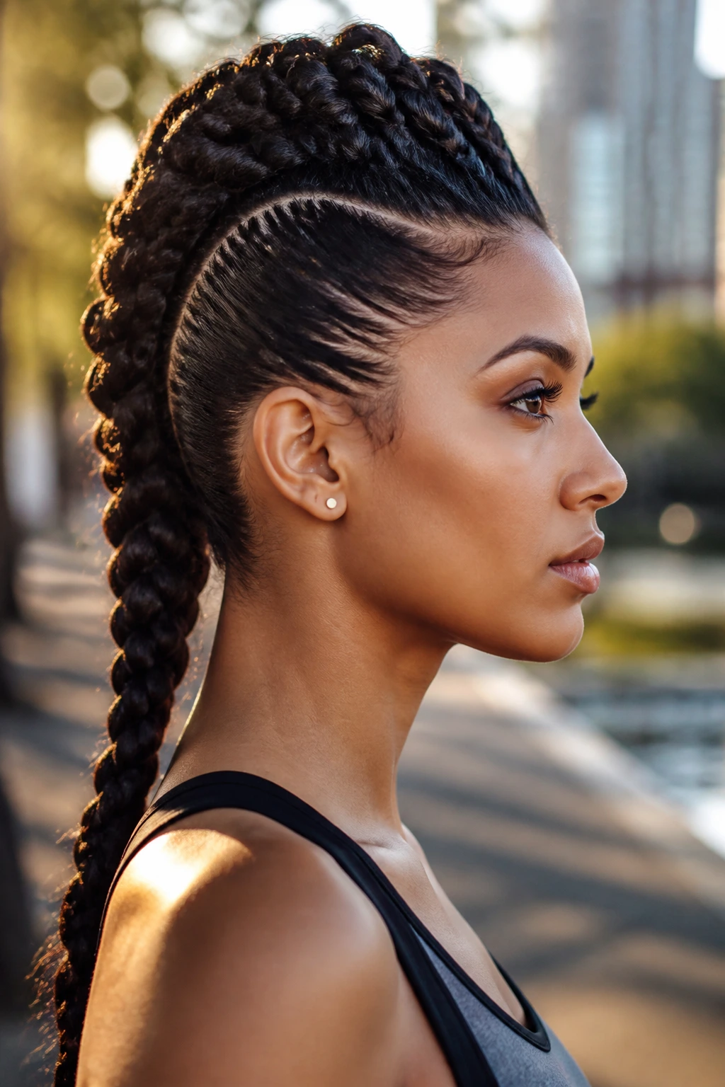 Side-profile of a real person wearing a braided faux hawk in an urban setting