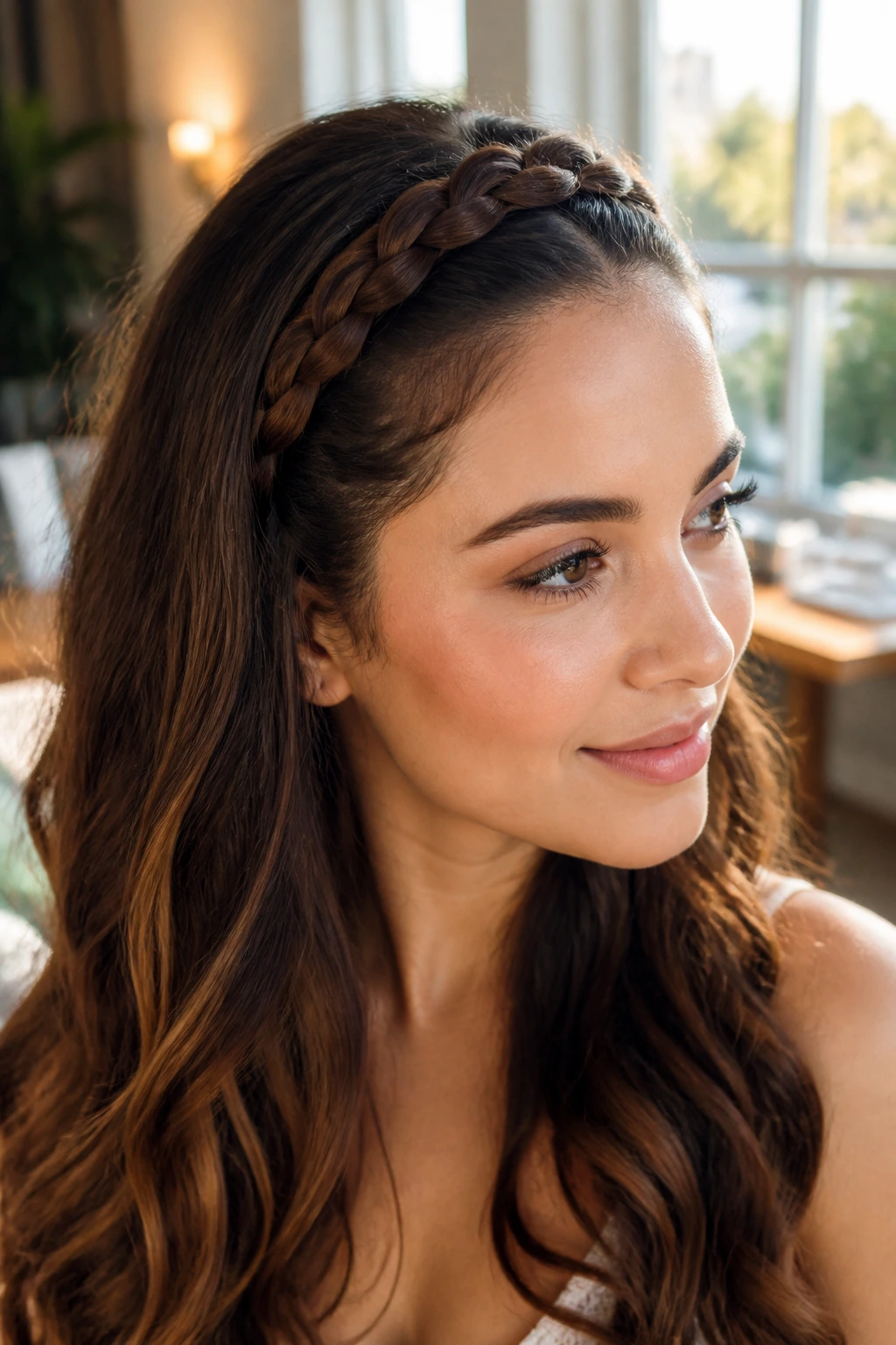 Close-up of a woman with a braided headband across the hairline
