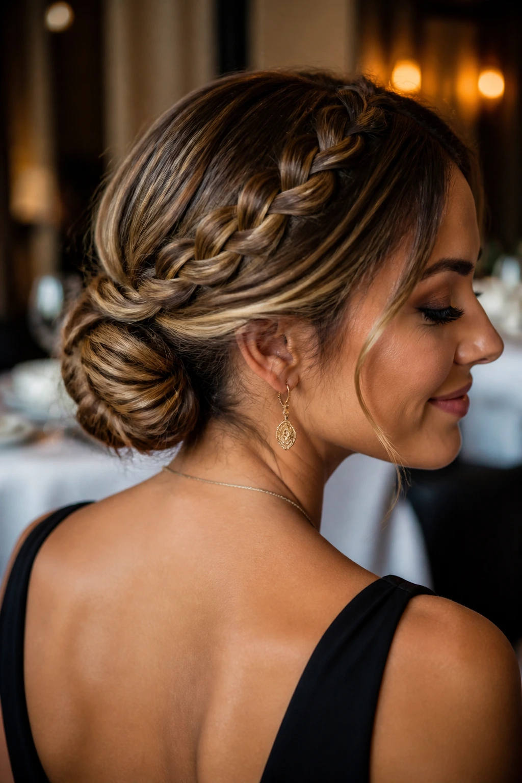 Close-up of a woman with a braided low chignon at the nape