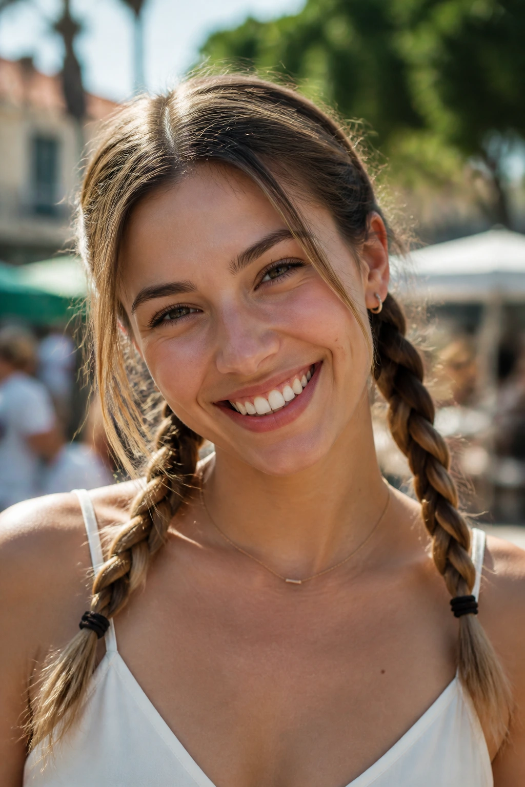 Portrait of a woman with braided pigtails in a sunny outdoor setting.