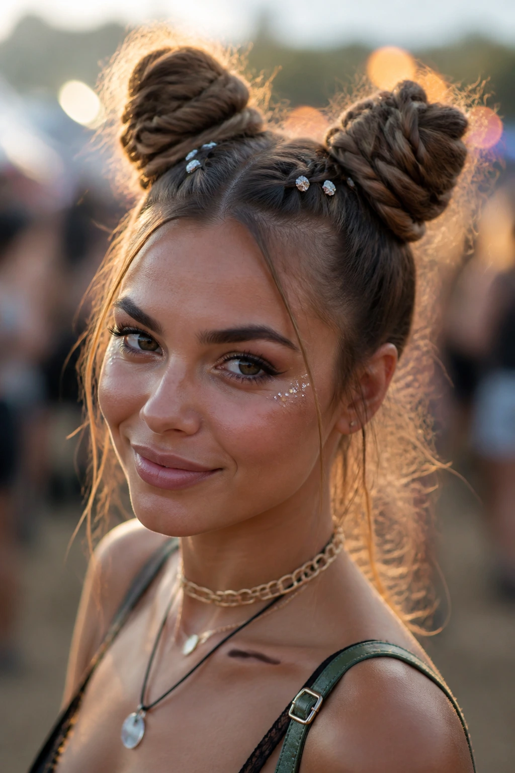 Close-up portrait of a real woman with braided space buns in festival daylight