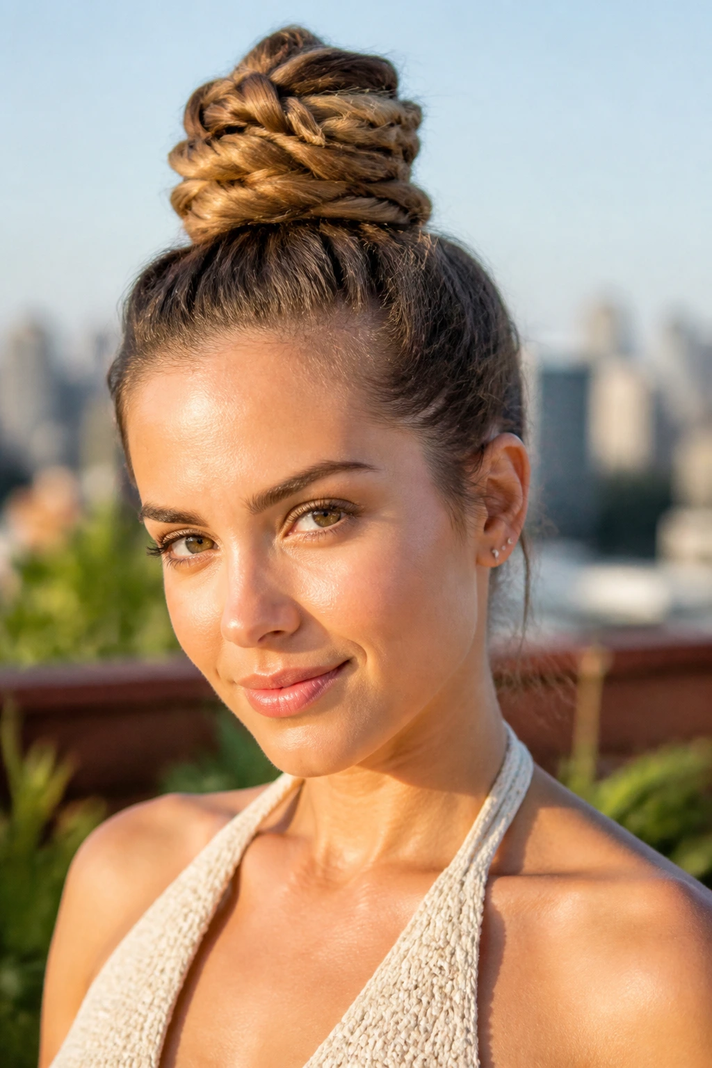 Close-up of a woman with a braided top knot in sunlit outdoor light.