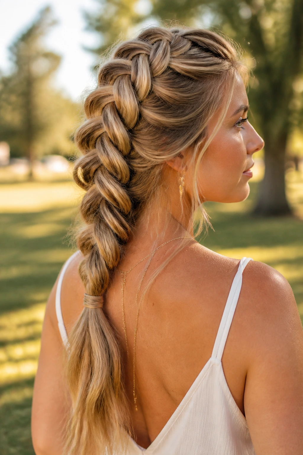 Close-up portrait of a real woman with a chunky pancake braid in sunlight