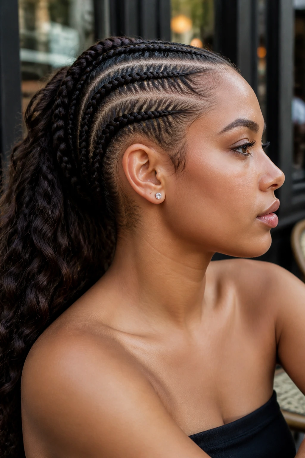 Portrait of a woman with cornrow-style side braids along the scalp.