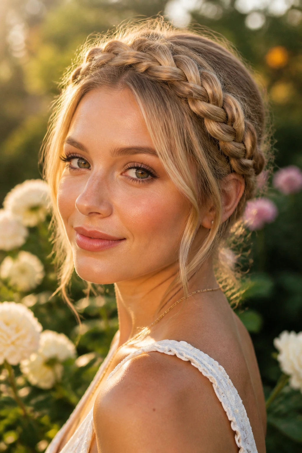 Close-up of a real woman wearing a crown braid around her head during golden hour
