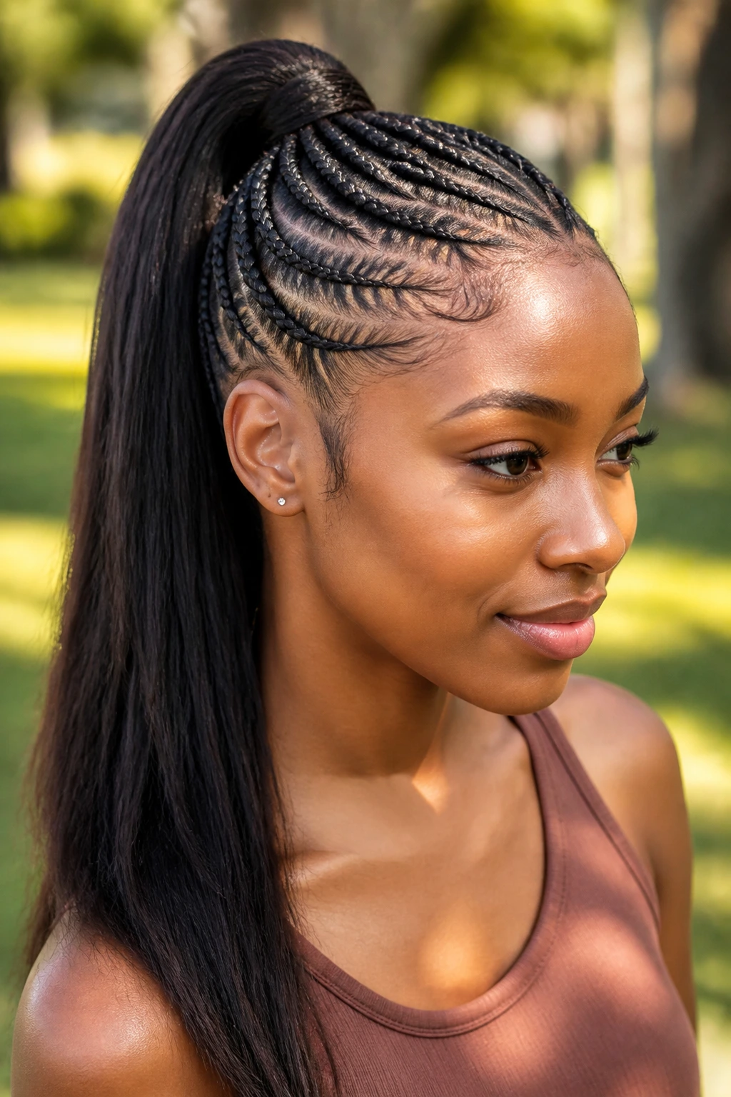Close-up of a real woman with a feed-in braid leading to a ponytail in a sunlit park