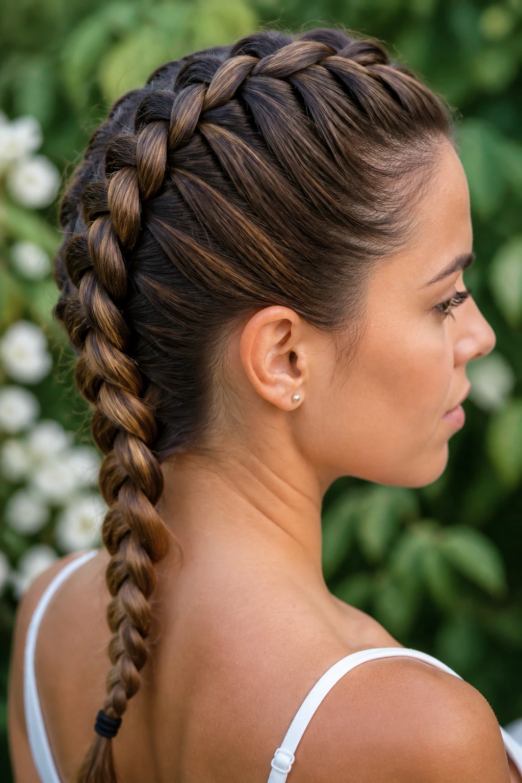 Close-up of a real woman with a French braid hugging the scalp outdoors
