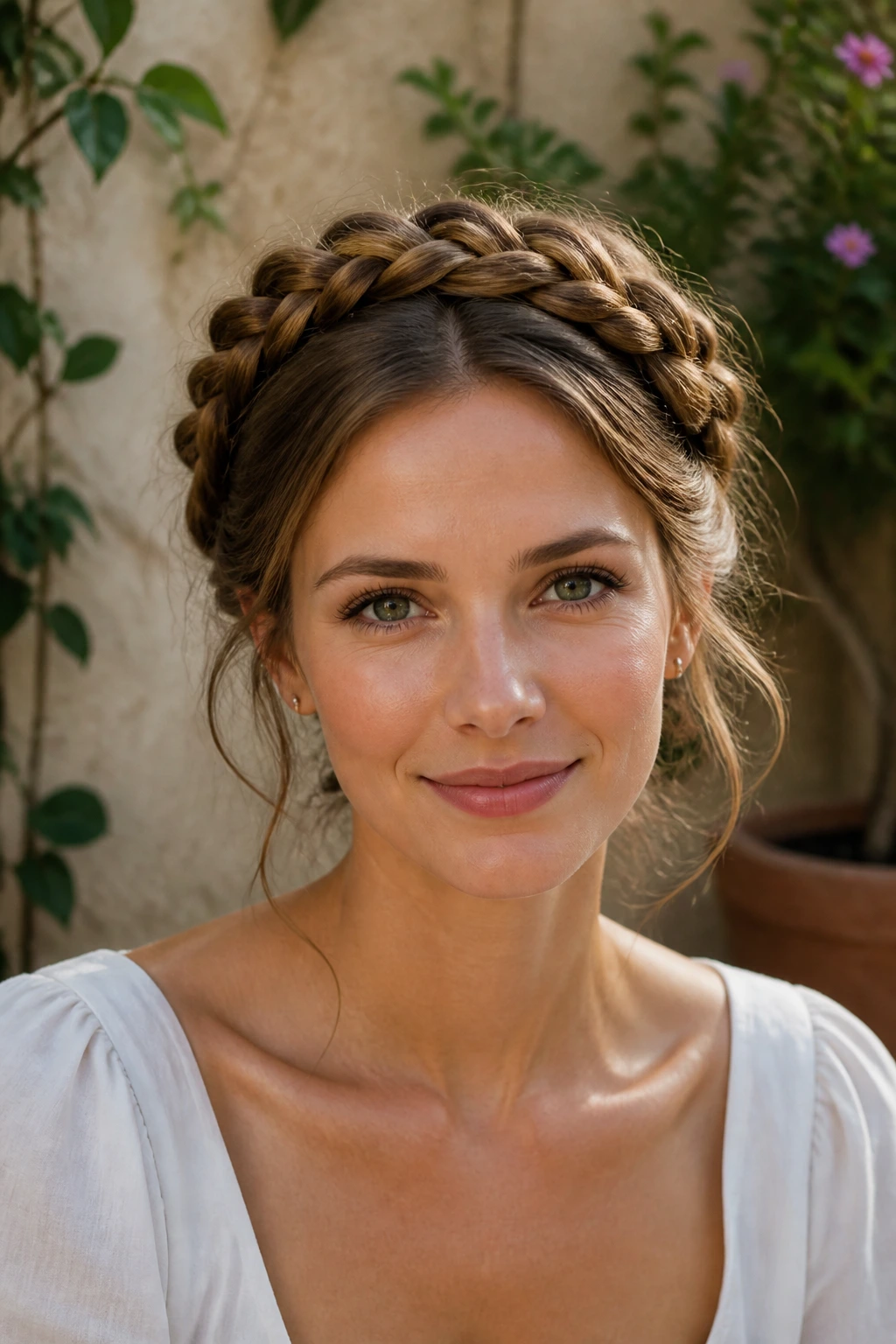 Close-up of a woman wearing a halo braid in soft outdoor light.