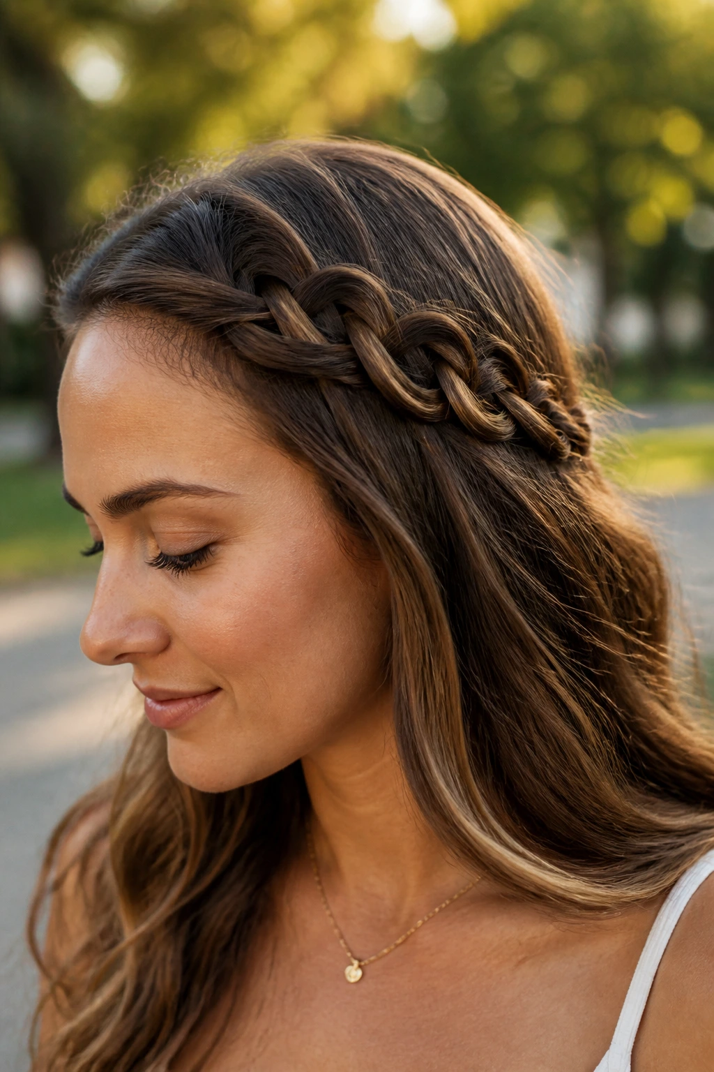 Close-up of a woman with an infinity braid on the side, natural light