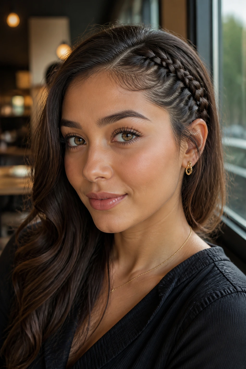Real woman wearing a lace braid along the hairline on one side in soft cafe light