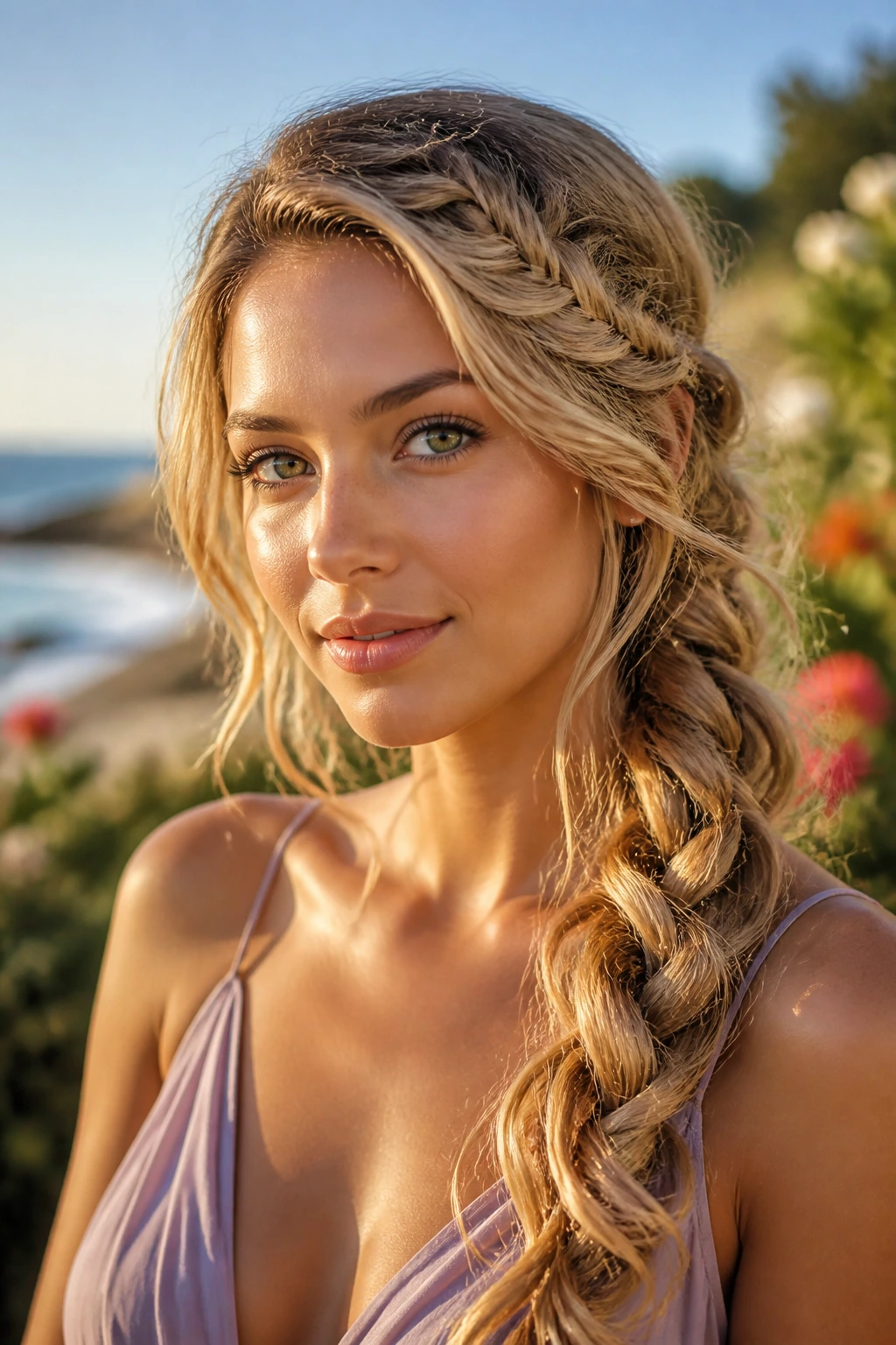 Close-up of a woman with a loose mermaid braid in golden-hour outdoor light.