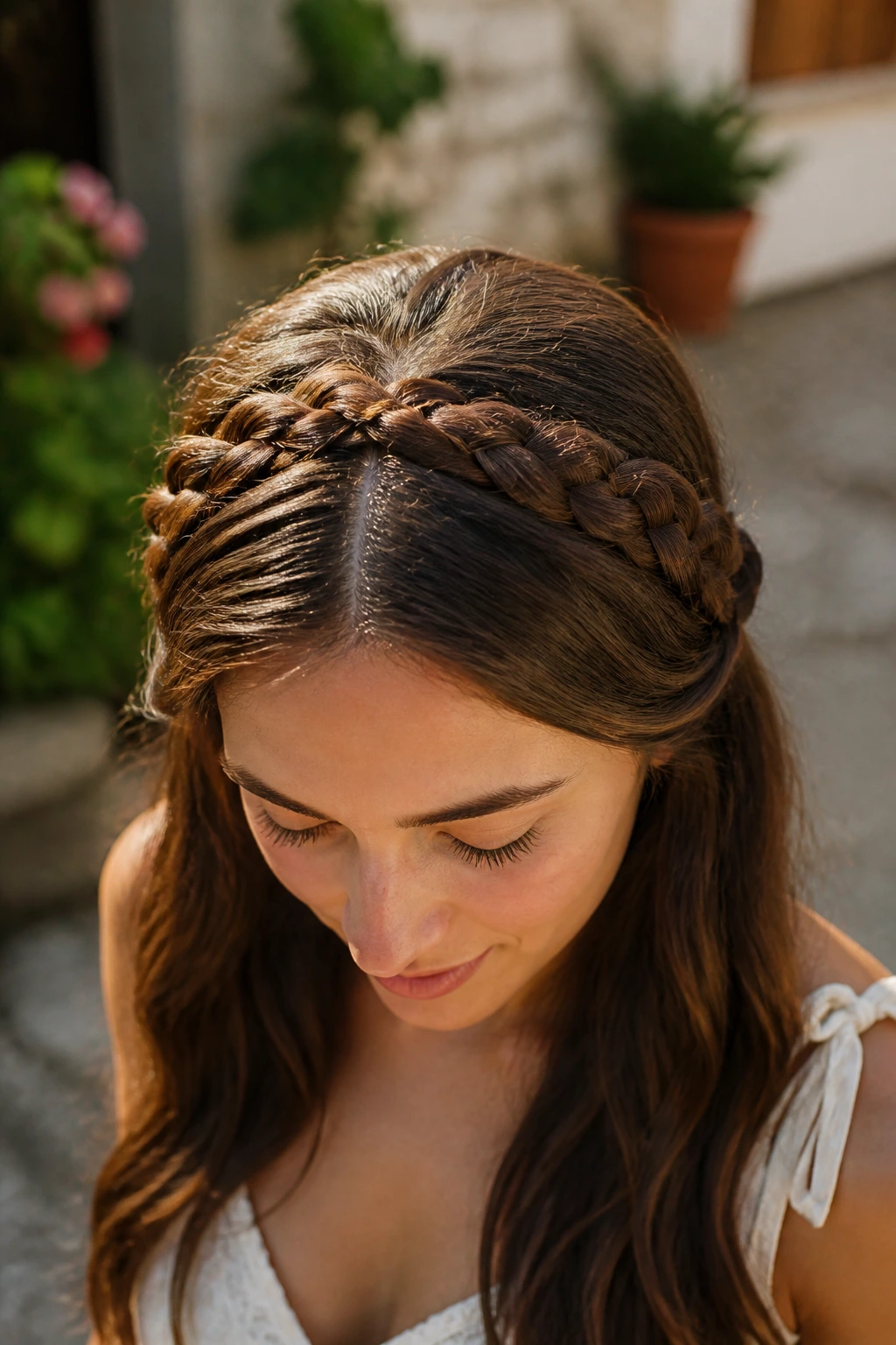 Milkmaid braids crossing over the head in garden light
