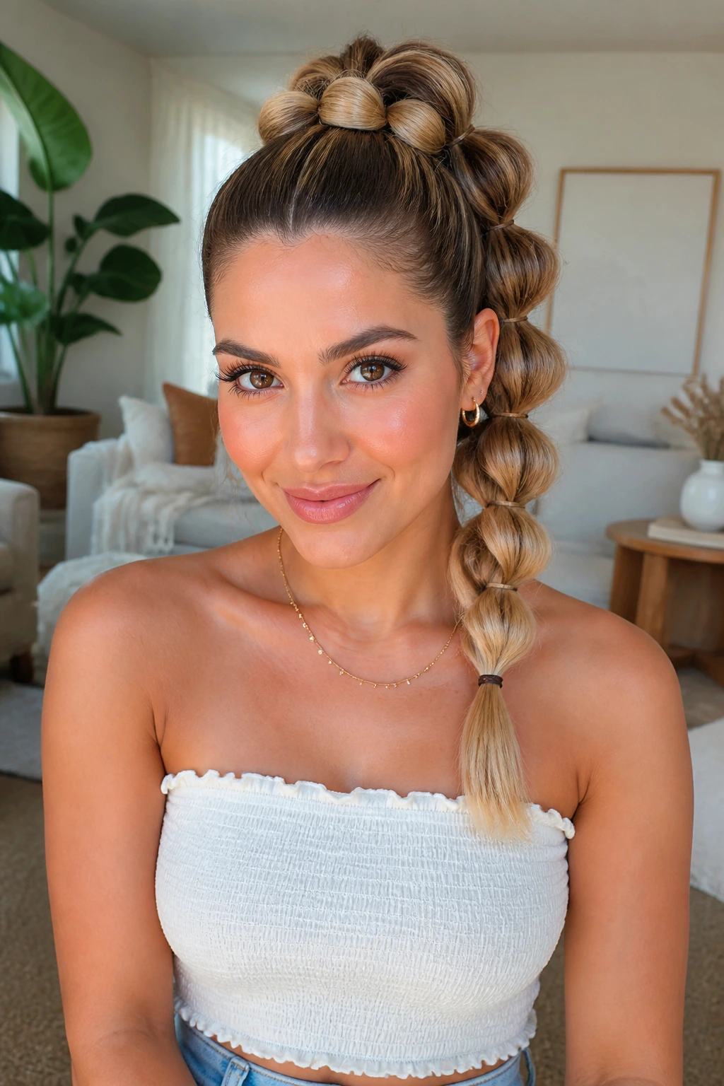 Pull-through braid with stacked mini ponytails, front view