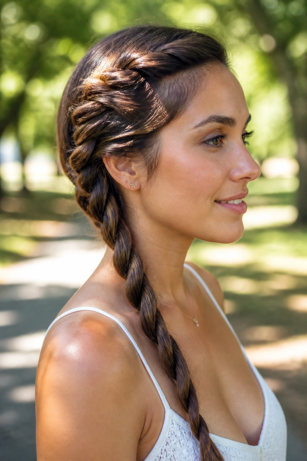 Rope braid on real woman in park sunlight, side profile