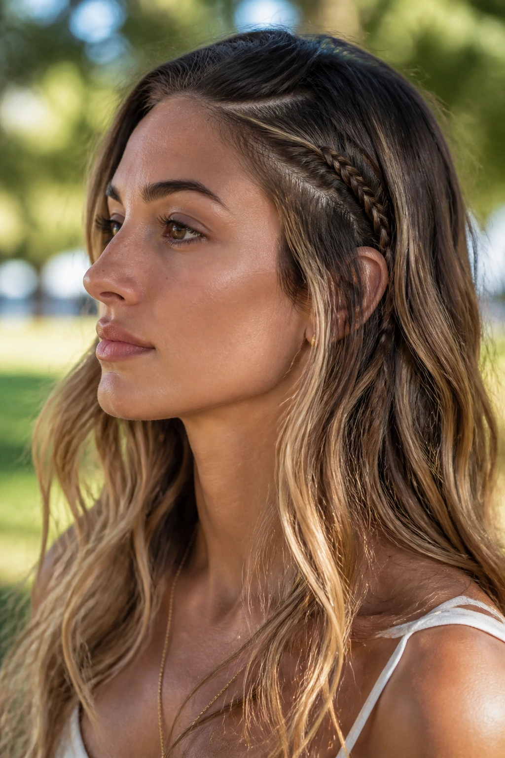 Real woman with temple accent braid near the temple in natural light