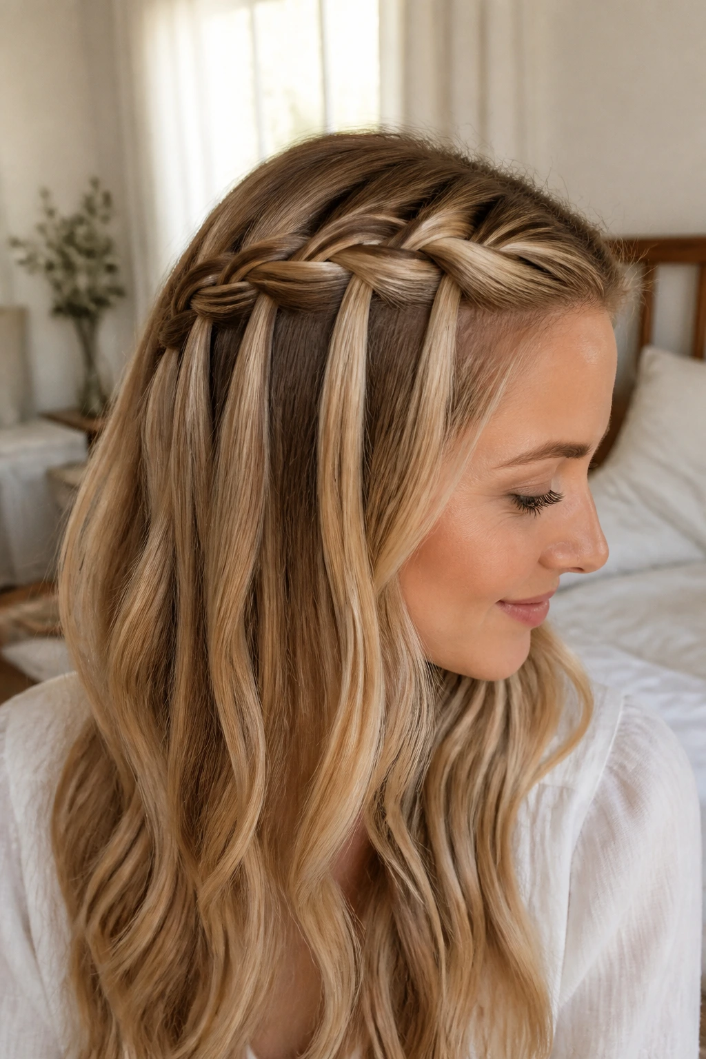Waterfall braid on real woman in soft bedroom light, close-up