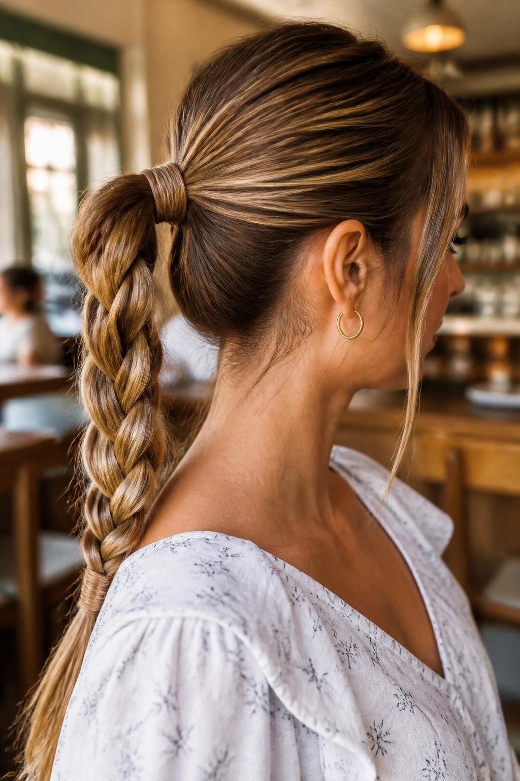 Close-up portrait of a real woman with a wrapped ponytail braid in a cafe