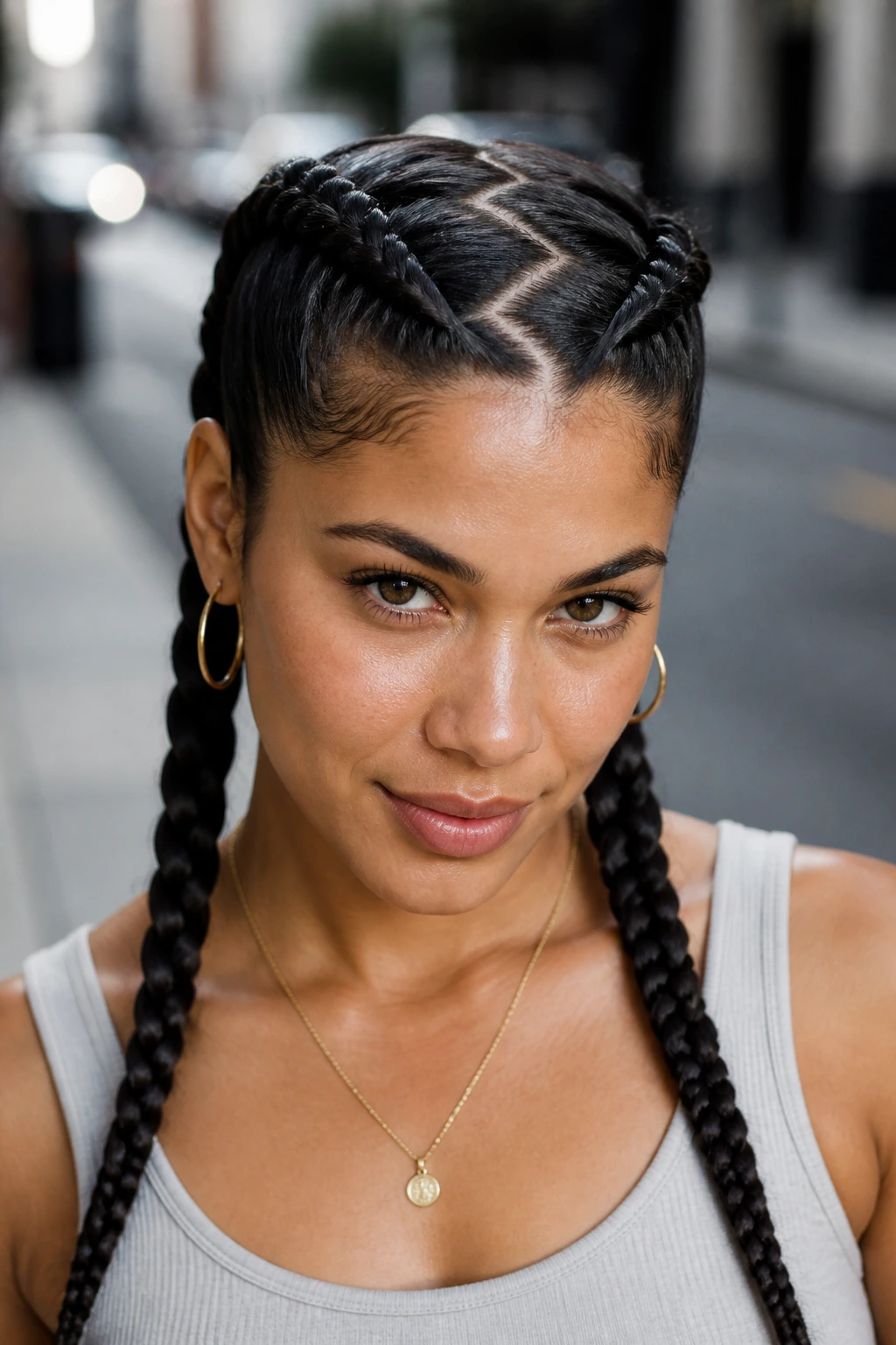 Close-up of a woman with zigzag-part braids framed by an urban background